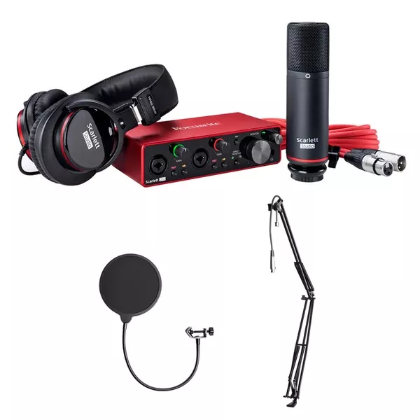 Focusrite Scarlett 2i2 Studio 3rd Gen 2-in, 2-out USB Audio Interface with Microphone & Headphones, Tripod Mic Stand + Boom, Headphone Holder, Pop Filter & 2x XLR Cable Bundle