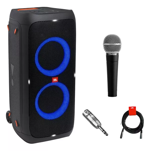 JBL PartyBox 310 Portable Bluetooth Speaker (Party Lights) Bundle with Vocal Microphone, XLR Barrel Adapter & XLR Cable