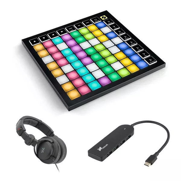 Novation Launchpad X Grid Controller Bundle with 4-Port Slim Hub & Polsen Studio Headphones