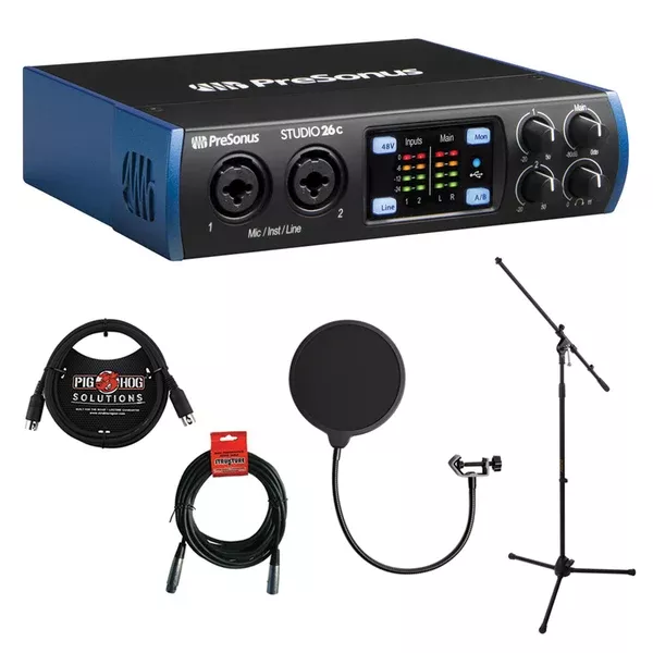 PreSonus Studio 26c 2x4 USB Type-C Audio/MIDI Interface with Kellopy Pop Filter, 6ft MIDI Cable, Tripod Mic Stand & XLR Cable Bundle